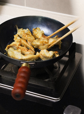 触造 红花梨实木糖葫芦木柄平底煎锅 手工锻打无涂层不粘