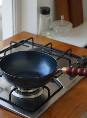 触造touge 红花梨实木糖葫芦木柄平底炒锅 手工锻打无涂层不粘