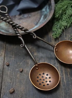 触造 麻花拧纹紫铜勺 手工锻造 过滤网筛 火锅汤勺漏勺