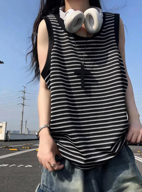 美式黑色条纹背心男夏季薄款外穿重磅无袖t恤慵懒风健身运动汗衫