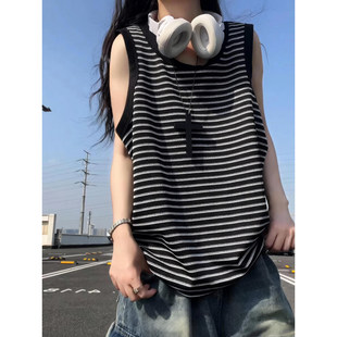 美式黑色条纹背心男夏季薄款外穿重磅无袖t恤慵懒风健身运动汗衫
