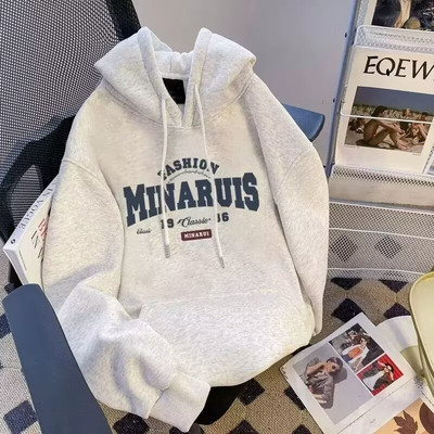 花灰色美式复古连帽卫衣男女加绒