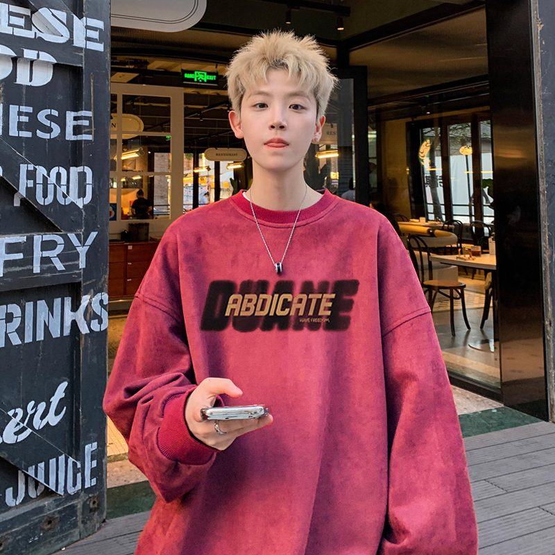 酒红色卫衣男款潮牌秋季圆领