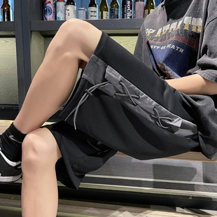 直筒运动阔腿bf嘻哈五分哈伦裤 街头嘻哈侧边绑带拼接抽绳短裤 男士