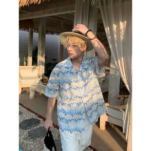 美式复古夏威夷针织镂空短袖衬衫男款夏季老钱风海边休闲百搭衬衣