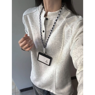 白灰色美式亨利领polo衫卫衣男款秋季解构正肩长袖t恤拼接打底衫