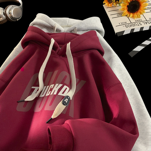 酒红色少年感卫衣男新款秋冬季加绒美式重磅潮牌oversize带帽外套