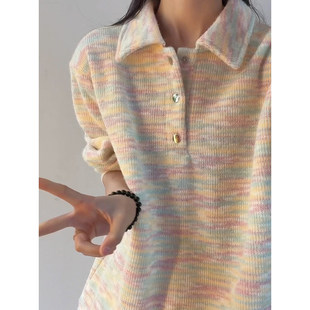 七彩美式慵懒风加绒卫衣男款冬季cleanfit百搭针织衫复古厚polo衫