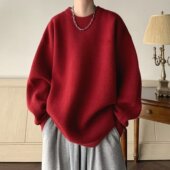 酒红色潮牌毛衣男冬季 慵懒风高级感内搭针织衫 中国红本命新年线衣