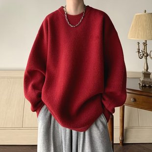 酒红色潮牌毛衣男冬季 中国红本命新年线衣 慵懒风高级感内搭针织衫