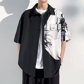 冰丝短袖 衬衫 男夏季 新中式 薄款 宽松国风衬衣服潮牌设计感拼接外套