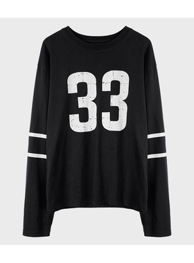 美式休闲风黑色数字33长袖T恤女宽松街头潮流上衣