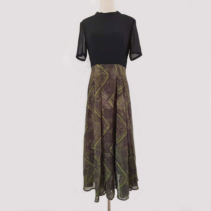 金芭葆J251P连衣裙2025夏季新款雪纺女半袖圆领高腰显瘦长款裙子