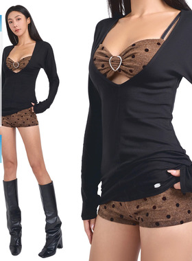 ABMY 黑色深v领长袖T恤女波点低胸性感辣妹修身上衣吊带短裤套装