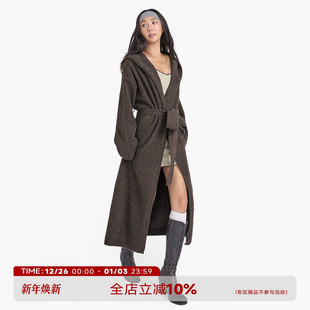 女秋冬慵懒长款 棕色连帽针织开衫 宽松毛衣外套 第十四行诗 ABMY