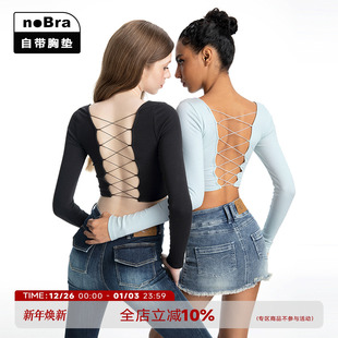 打底长袖 noBra 辣妹露背绑带T恤秋冬带胸垫双层厚款 ABMY 上衣