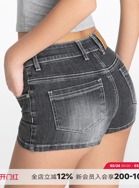 ABMY 高低腰包臀性感蓝色牛仔短裤女美式辣妹高弹修身显瘦热裤