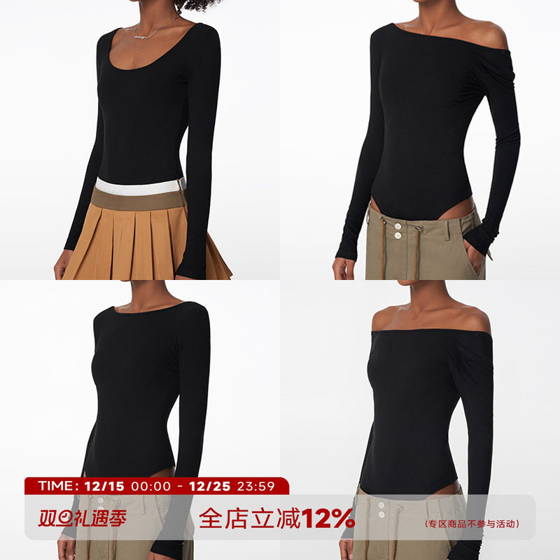 斜肩露肩长袖针织连体衣修身高弹
