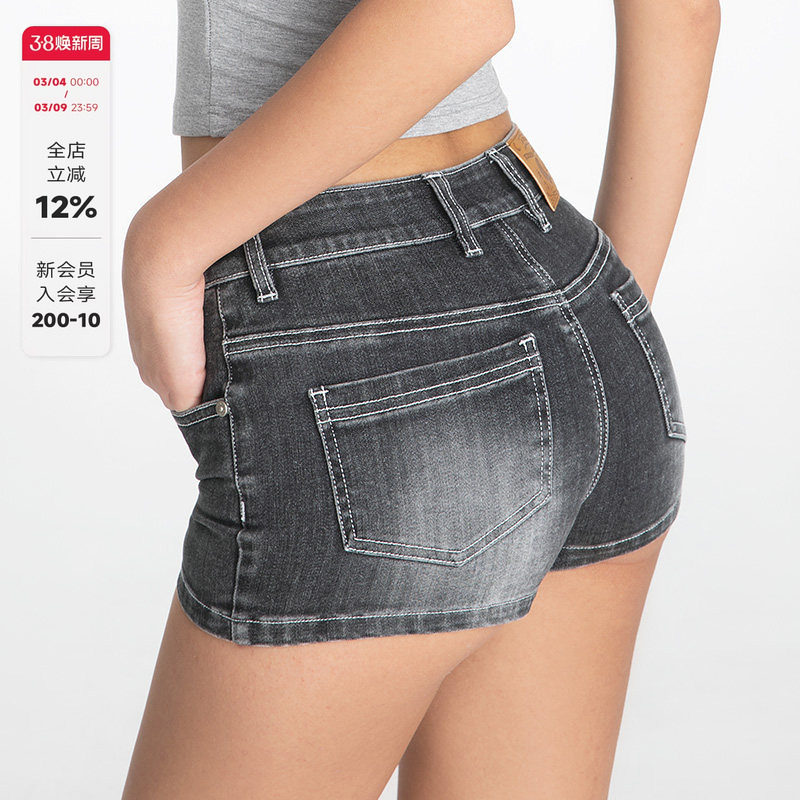 ABMY 高低腰包臀性感蓝色牛仔短裤女美式辣妹高弹修身显瘦热裤