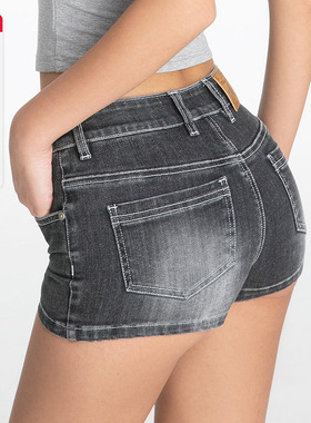 ABMY 高低腰包臀性感蓝色牛仔短裤女美式辣妹高弹修身显瘦热裤