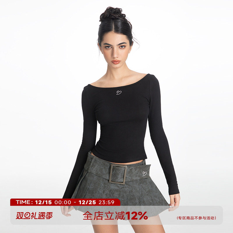 高弹针织粉色长袖T恤女