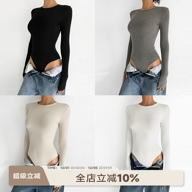 秋冬弹力针织连体衣长袖薄绒纯色