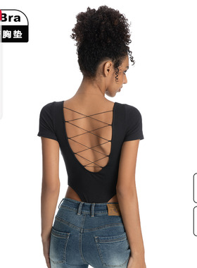 noBra by ABMY 后背绑带镂空方领连体衣女辣妹露背短袖上衣带胸垫