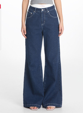 ABMY 蓝色中低腰阔腿牛仔裤高密无弹全棉宽松休闲百搭ins拖地长裤