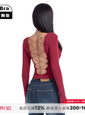 noBra by ABMY 辣妹露背绑带T恤百搭大方领修身显瘦打底长袖上衣