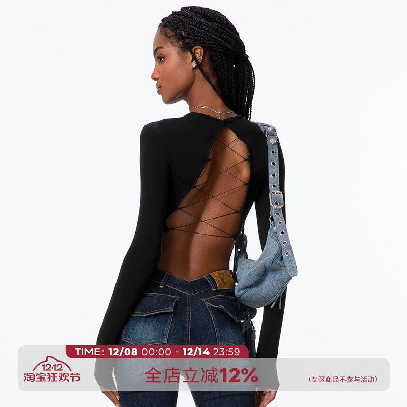 noBra by ABMY 后背镂空绑带BabyT性感露背辣妹高腰带胸垫短袖T女