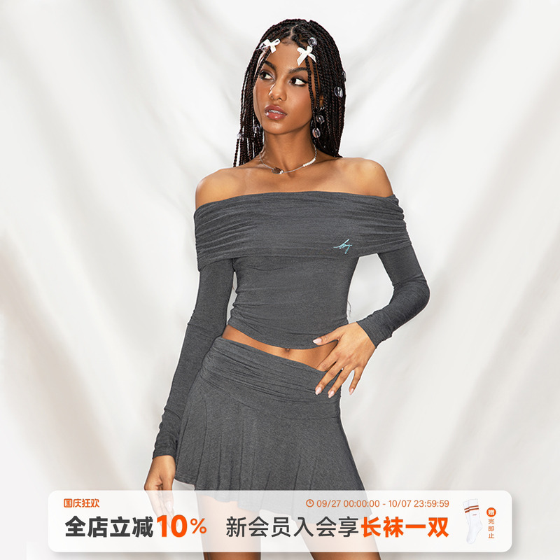 美式辣妹一字肩露肩长袖