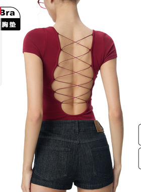 noBra by ABMY 辣妹后背镂空绑带T恤秋收腰显瘦长短袖带胸垫上衣