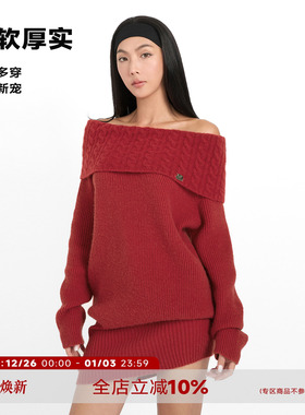 ABMY 红色一字肩翻领多穿毛衣圣诞新年战袍复古宽松秋冬软糯上衣