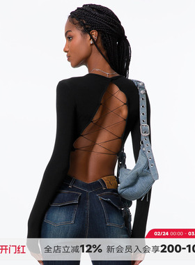 noBra by ABMY 后背镂空绑带BabyT性感露背辣妹带胸垫长袖T女