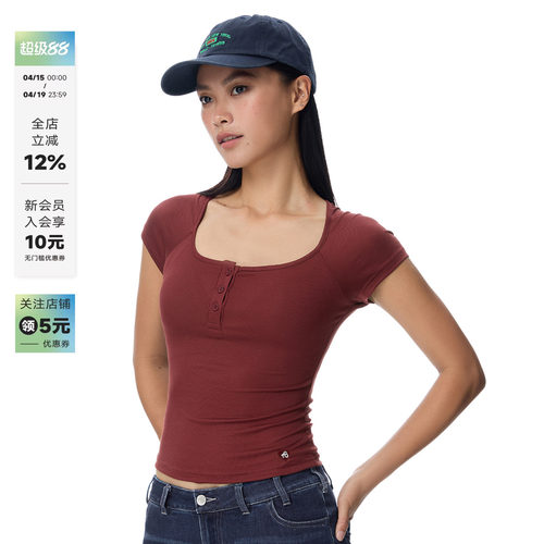 辣妹U领排扣短袖薄款正肩T恤