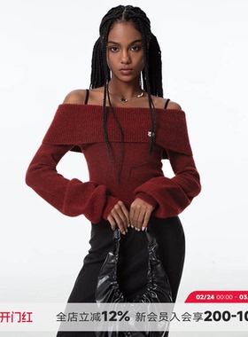 ABMY 节日战袍 一字肩毛衣女长袖针织衫女复古灯笼袖百搭修身上衣