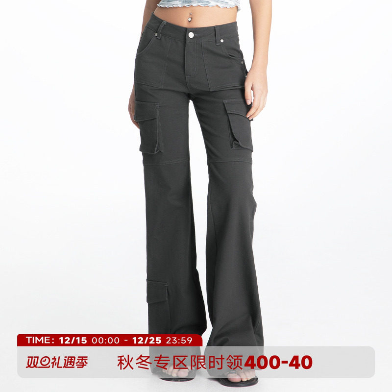 美式复古多口袋重工微喇工装裤