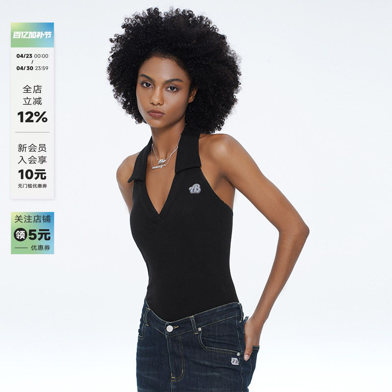 noBra by ABMY 带胸垫Polo连体衣女性感露背V领针织挂脖吊带背心