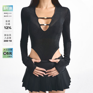 针织内搭上衣 高弹插口袖 ABMY 辣妹深V领性感微透绑带连体衣女新款