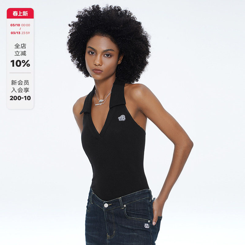 noBra by ABMY 带胸垫Polo连体衣女性感露背V领针织挂脖吊带背心