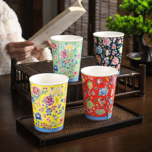 珐琅彩大号水杯可乐杯300毫升陶瓷大茶杯中式复古多彩单杯啤酒杯