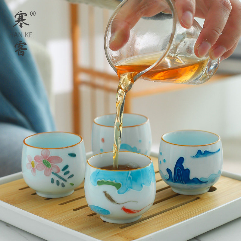 中式小号白酒杯陶瓷手绘一口杯75毫升烈酒杯功夫茶杯两用单杯家用