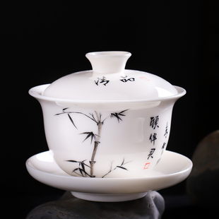 手绘大号盖碗羊脂玉陶瓷手工三才碗250ml茶馆泡茶碗个人茶杯盖杯