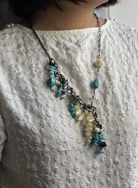 仿松石月光贝壳鲍贝皮绳手编缠绕中长款流苏民族风个性项链03