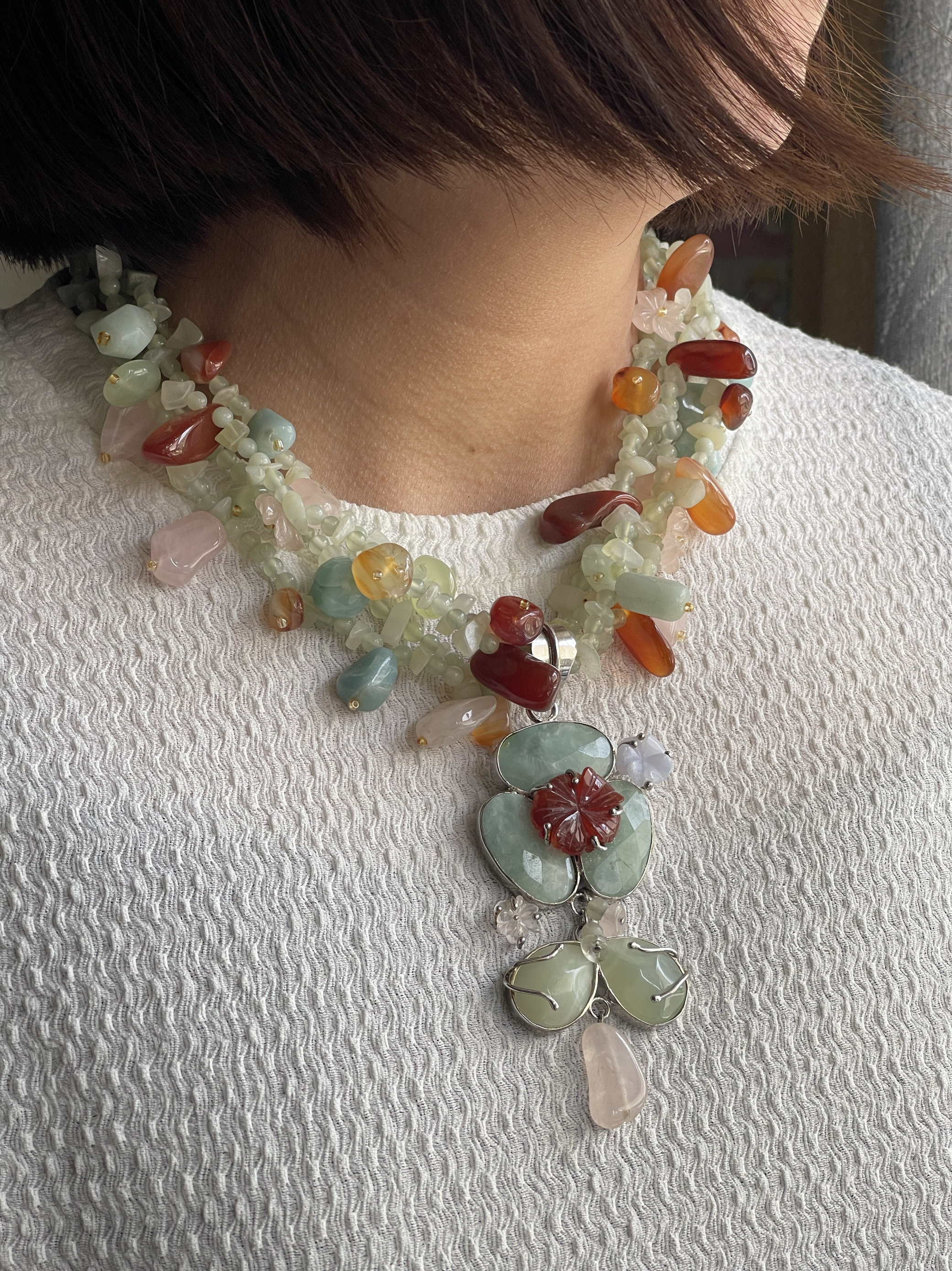 925配件绿凌石莹石玛瑙粉晶雕花镶嵌花朵雕刻流苏项链中长款5.78