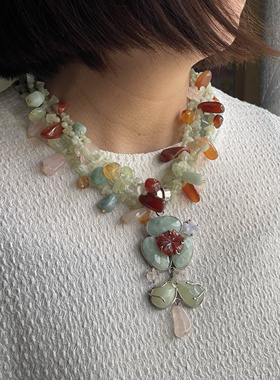 925配件绿凌石莹石玛瑙粉晶雕花镶嵌花朵雕刻流苏项链中长款5.78