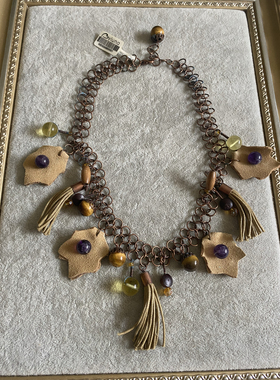 青岛饰品虎眼石紫晶木头组合毛皮布流苏氧化项链no退no换 5.41