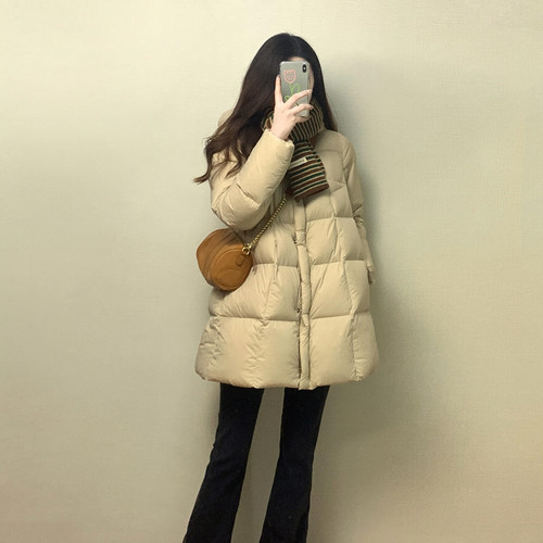 韩版连帽小个子中长款羽绒服女