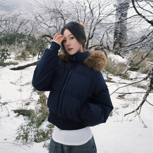 大毛领小个子面包短款羽绒服女
