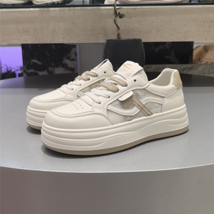 单网透气学生鞋 休闲鞋 透气系带圆头百搭增高板鞋 女春季 厚底小白鞋